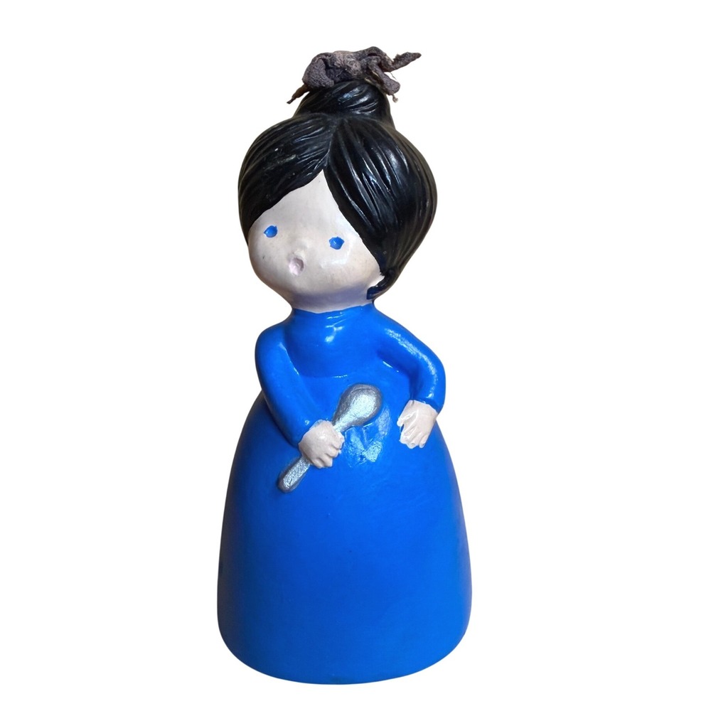 Vintage Ceramic Lady‎ Bell Figurine Blue Dress Girl Holding Spoon Folk Art Decor